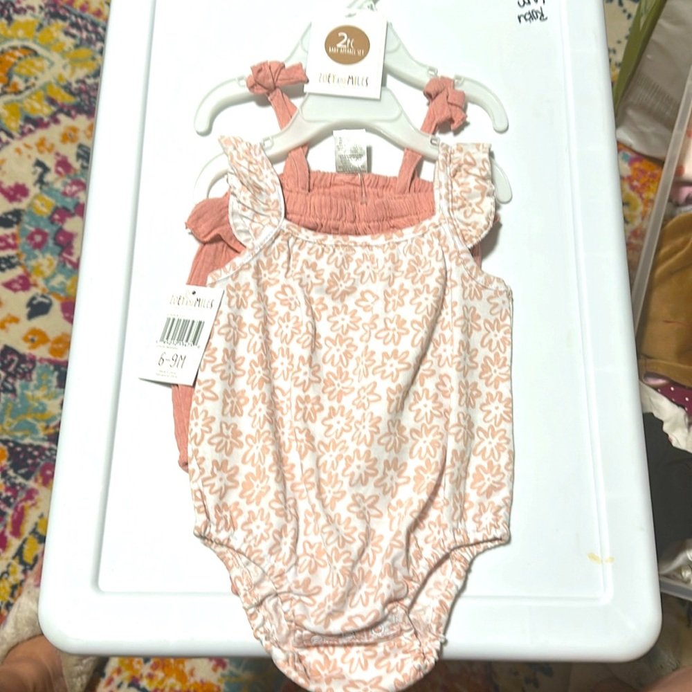 Zoey and Miles brand Baby Girl blush/white rompers. 2 piece, NWT